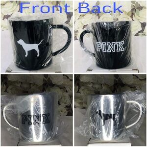 Two Victoria's Secret PINK Dog Black Silver pink Stainless Steel Coffee Mugs